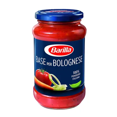 A jar of Barilla Base per Bolognese sauce against a white background.