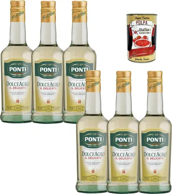 Produktbild von Ponti DolceAgro Il Delicato milder Würz-Essig aus Wein & Traubenmost 6 x 500 ml italienischer Condimento für Salate & Gemüse + Italian Gourmet polpa
