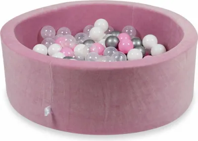 Produktbild von Bällebad 90x30cm Samt Soft Pink – Mit 200 Bällen / Puderrosa, Silber, Weiß, Transparent
