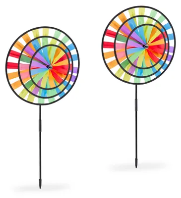 Image de Moulins à vent Relaxdays, lot de 2, motif arc-en-ciel, pour enfants, décorations éoliennes pour balcon et jardin, dimensions : 72 x 35 x 15 cm, multicolores