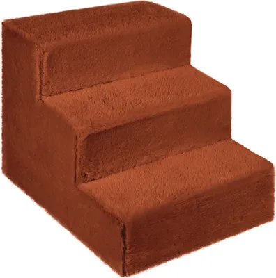 Obrázek produktu pro Psí schody pro malé psy 30 cm vysoké oranžové - žebřík 3 stupně, polstrované huňatou látkou imitující srst, přenosné - plošina na pohovku