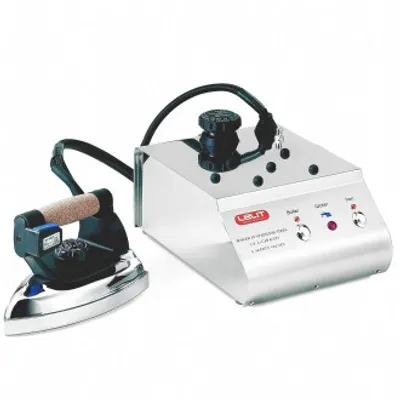 A steam ironing station with a stainless steel housing and a separate iron, shown on a white background.