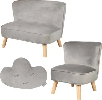 Immagine prodotto di Il pacchetto roba "Lil Sofa" comprende un divano per bambini, una poltrona per bambini e un cuscino decorativo a forma di nuvola grigio argento.