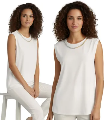 Produktbild von Cremefarbene, ELEGANTE ärmellose Damenbluse mit ZIERKETTE 4XL