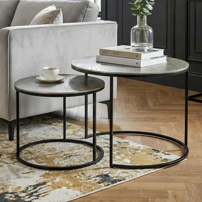 Image de WOHNLING Ensemble de 2 tables gigognes en métal argenté rondes avec plateau en aluminium Motif Table basse Table d'appoint moderne Table de salon