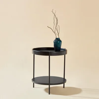 Produktbild von MODFU Wohnzimmertisch mit Zweistöckiges Design,Beistelltisch mit 2 Ablageflächen,Couchtisch rund Natur aus Massivholz und Metallbeine,44x44x48 cm