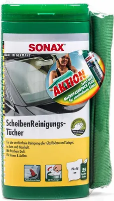 Produktbild von Scheibenreinigungs-Tücher Plus von Sonax in Spenderbox, Auto und Haushalt, Spiegel und Glas, frischer Duft, 25 Stück plus Mikrofasertuch