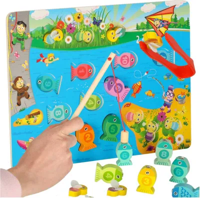 Obrázok produktu pre Drevené Montessori puzzle 3v1 – magnetický rybolov, triedenie a počítanie