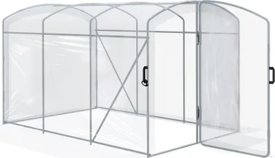 A clear, studio shot of a greenhouse structure.