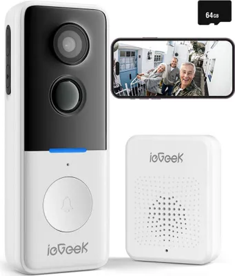 Produktbild von ieGeek Video zvonek s kamerou 2MP bezdrátový video zvonek s gongem, chytrý zvonek s baterií, PIR, nočním viděním, 2cestným zvukem, s 64GB SD