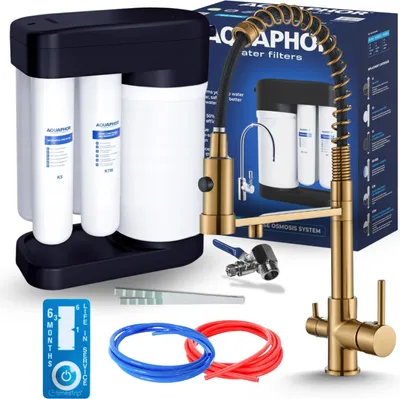 Produktbild von 3-Wege Küchenarmatur Ari Solid Spring mit Wasserfilter-Anschluss, ausziehbare Brause, 360 Grad schwenkbar, gebürstetes Gold