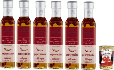 Produktbild von Olitalia Olio Condimento a Base di olio extra vergine di oliva all'aroma di peperoncino, Extra Natives Olivenöl Chili -Pfeffer geschmack 6x 250ml + Italian Gourmet polpa 400g