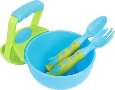 Immagine prodotto di set di 4 pezzi per l'alimentazione dei neonati: passaverdure, pastone, ciotola per alimenti freschi, cucchiaio a ventosa, blu e verde