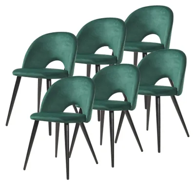 Image de Lot de 6 chaises de salle à manger « Karijoki » : chaises rembourrées en velours avec pieds en métal, 77 x 50 x 55 cm, vert foncé / noir