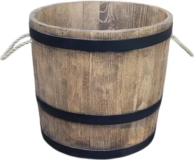 Productafbeelding van Rustieke half-ton vatvormige bloempot voor de tuin, gemaakt van essenhout, met drainage en jute handgrepen – wengé, 38x43x36 cm