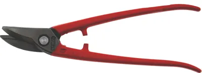 A pair of red-handled tin snips on a white background.