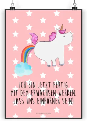 Produktbild von Mr. & Mrs. Panda Bild Einhorn Pupsen DIN A3 - Rot Pastell - Geschenk, wanddeko, Plakat, Pups, Spaß, Posterdruck, drucke, Wandbild, Freundin, Unicorn, Lustig, Regenbogen