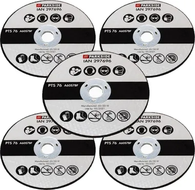 A top-down view of five cutting discs arranged in a staggered pattern on a white background.