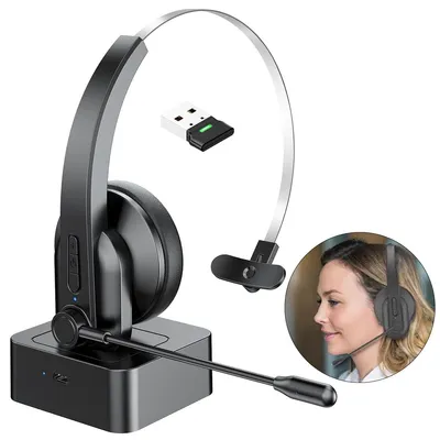 Produktbild von Kabelloses Headset mit Mikrofon & Bluetooth – 2.4G Funk Headset mit Ladestation für Büro, Callcenter und Lkw-Fahrer