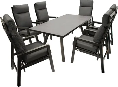 Produktbild von TPFGarden GARTEN-GARNITUR Luton - Sitzgruppe 7-teilig (6x Hochlehner Sessel mit Armlehnen, 1x Tisch 180x90cm), Gestell Aluminium dunkelgrau pulverbeschichtet, Tischplatte Glas in Keramikoptik dunkelgrau. Rückenlehnen über Gasdruckfeder verstellbar. Lieferung inkl. Polster in grau. Materialzusammensetzung Bezüge: 100% Polyester. BxTxH: 180x236x112 cm