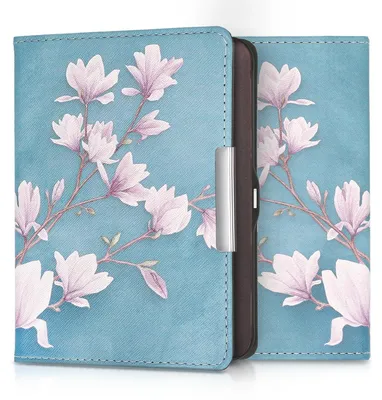 Produktbild von kwmobile Schutzhülle für Tolino Shine (2013) Hülle - eReader Flip Case mit Auto Sleep Funktion - Magnolien mit Taupe Weiß Blaugrau