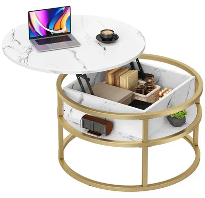 Image de Table basse ronde, réglable en hauteur, blanche et dorée, en bois, avec étagère