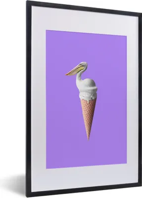 Produktbild von MuchoWow® Gerahmtes Poster Eiscreme - Vogel - Pelikan - Weiß - Eistüte 40x60 cm - Poster mit Schwarzem Bilderrahmen Wandposter Rahmen Foto Bilder - Poster in Rahmen