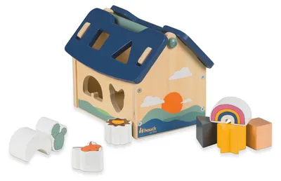 Immagine prodotto di Casa gioco in legno con elementi da incastrare e giochi di motricità, set per ordinare, impilare e costruire forme