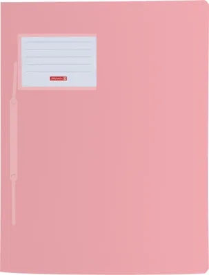 A pink folder with a label and a fastener.