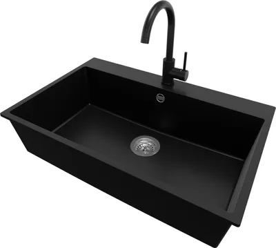 Produktbild von PRIMAGRAN Granitspüle Schwarz 78x50cm, Spülbecken 1 Becken + Küchenarmatur 32x20cm + Ablauf-Set, Küchenspüle ab 80er Unterschrank - Riga