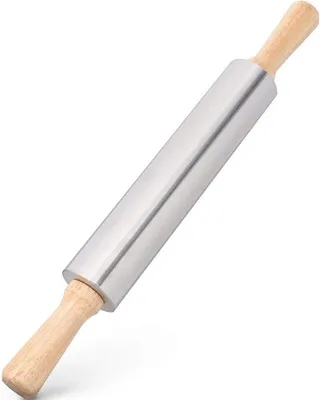 Produktbild von Famanu Edelstahl-Teigroller mit Holzgriffen - geeignet für Kekse, Fondant und Torten