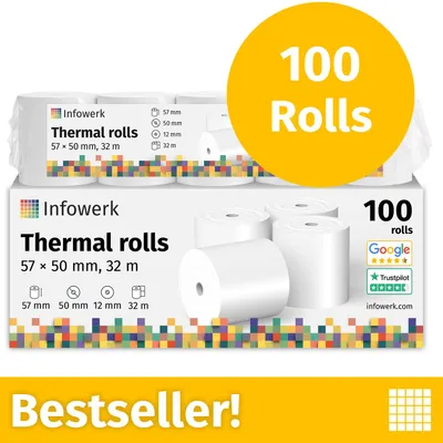 Image de NOUVEAU : Rouleaux thermiques / rouleaux de caisse Infowerk, 100 rouleaux, 57 mm x 50 mm x 12 mm, 32 m, s PEFC, pour EPSON, IBM et bien d'autres encore.
