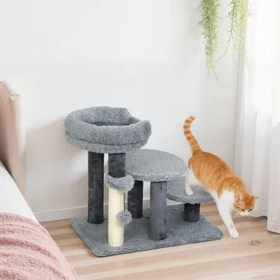 Produktbild von SUGIFT Katzenbaum mit Stufen, Katzentreppe mit Kratzbaum 2-in-1, Plüsch & Sisal, Grau | abnehmb. Katzenbett | bis 6 kg | 60 x 40 x 56 cm