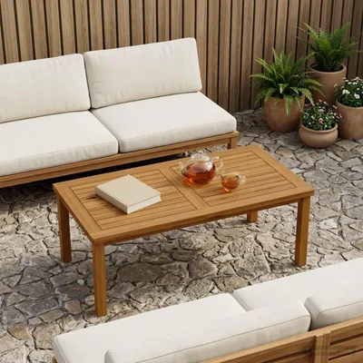 Image de Plateau de table. Forme : rectangulaire. Matériau : bois de teck massif. Aspect : naturel