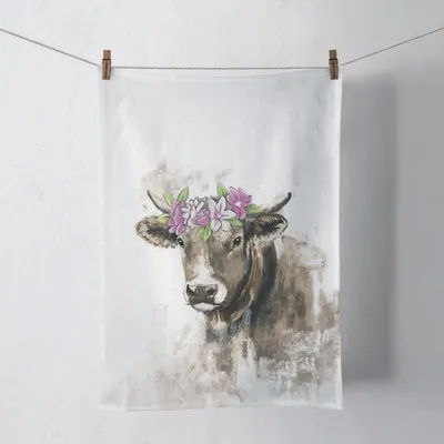 Produktbild von Küchentuch Baumwolle 50x70cm Kuh mit Blumenkranz Design Weiß / Braun