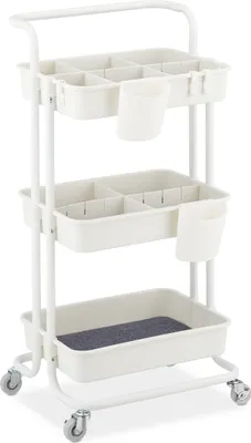 Produktbild von Relaxdays Rollwagen, 3 Etagen, Allzweckwagen, Hobby, Büro, Bad, Küchenwagen HBT: 86x43x42 cm, Metall & Kunststoff, weiß