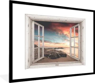 Produktbild von MuchoWow® Gerahmtes Poster Aussicht - Strand - Meer 80x60 cm - Poster mit Schwarzem Bilderrahmen Wandposter Rahmen Foto Bilder - Schlafzimmer-Dekorationen - Fotoposter