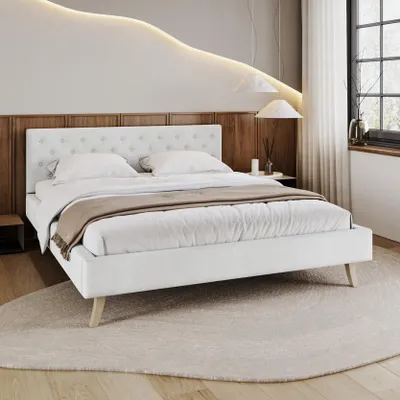 Produktbild von FDM Bett ZUZA 120x200 cm Polsterbett mit Lattenrost aus Holz Samt Trinity weiß