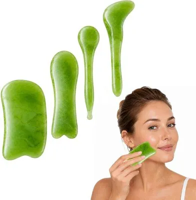 Produktbild von 4 Stück Gua Sha, Gua Sha Stein für Körper, Guasha x Gesicht, Gesichtsmassage, Massagezubehör, für die Entspannung des ganzen Körpers (grün)