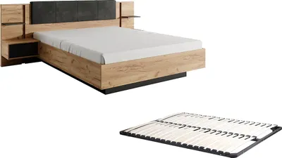 Produktbild von Bett mit Nachttischschränken160 x 200 cm - Mit LED-Beleuchtung - Farben: Natur und Anthrazit + Ständer - ELYNIA