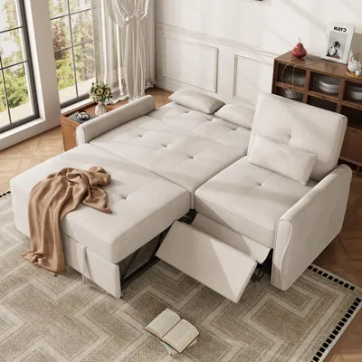 Obrázek produktu pro MODFU, pohovka pro 3 osoby, potažená chenille, rozkládací rohová pohovka 3 v 1 s možností přeměny na lůžko, relaxační pohovka s trojnásobně nastavitelnou opěrkou, barva: béžová
