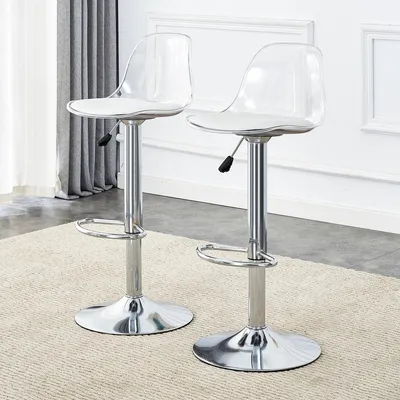 Produktbild von 2er-Set Barhocker Höhenverstellbar 82-104cm, 360° Drehbar. Moderne Tresenhocker mit Transparenter Rückenlehne & Silber-Metallbeinen, Weiß