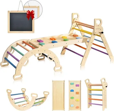 Imagen del producto de Juego de interior Montessori con arco, rampa y estructura de escalada triangular, juego de madera triangular para parque infantil interior para niños, juguetes de escalada para bebés: arcoíris