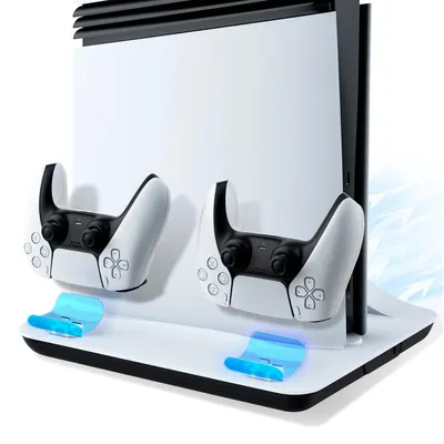 Image de Support vertical pour PS5 avec ventilateur et station de charge – Compatible avec PS5 / Slim/Pro, refroidissement à 3 niveaux, station de charge pour deux manettes et 2 ports USB