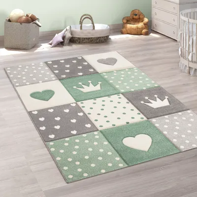 Produktbild von Kinderteppich Teppich Kinderzimmer Pastell 3D Effekt Punkte Herzen Sterne Grün Grau Grösse 200 cm Rund