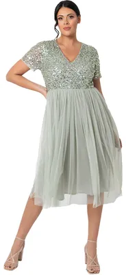 Immagine prodotto di Abito midi da donna Maya Deluxe, con scollo a V, decorato, ideale per damigelle o spose
