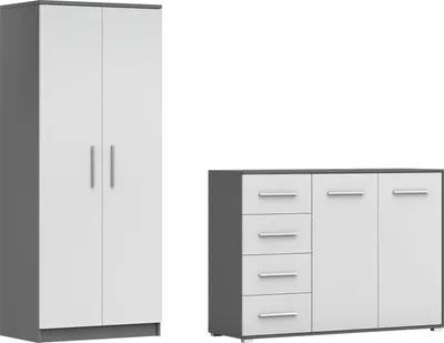 Produktbild von 2er-Set Schwebetürenschrank Schrank Kleiderschrank ohne Spiegel 80cm OMEGA 2D mit Kommode 135cm FRIDA 01 Grau/Weiss