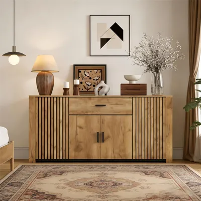 Produktbild von Sideboard Kommode 75x160x40cm Mehrzweckschrank grifflos mit 4 Türen & 1 Schublade, Anrichte höhenverstellbar mit Soft-Close Dämpfung, Holzfarbe Spanplatte