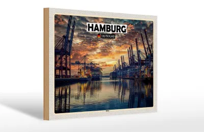 Produktbild von Holzschild Städte Hamburg Hafen Sonnneuntergang 30x20cm