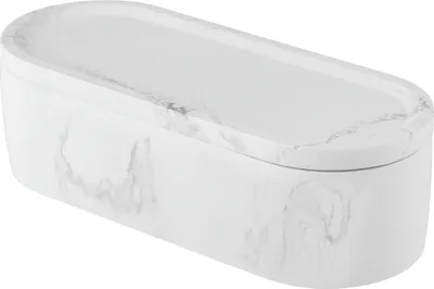 A white oval storage container with a marble-like pattern.